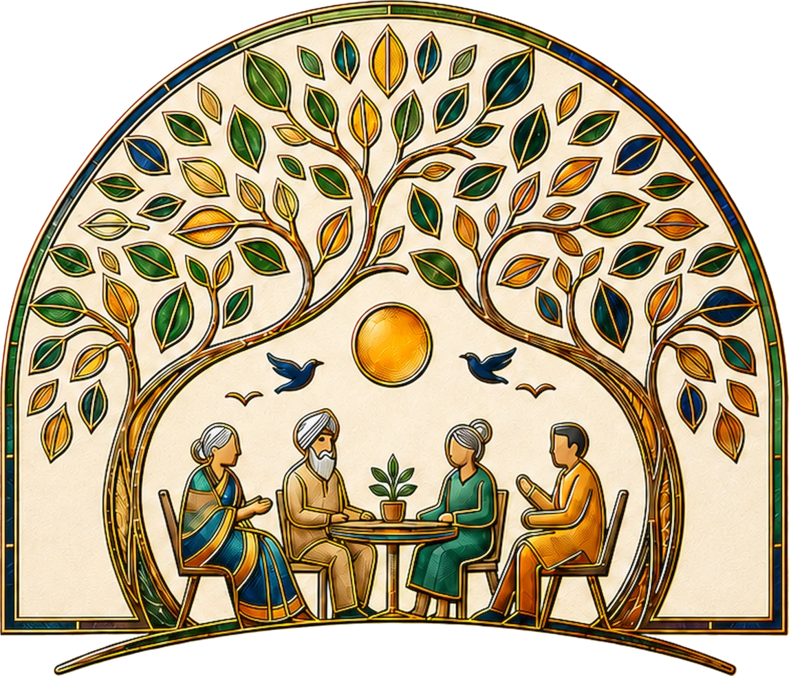 Sambhaal — friends sharing chai together under a tree, the brand's emblem